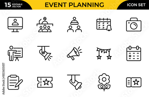 Event planning line icon set. Party related line icons: birthday, wedding, event, catering, invitation, decoration, calendar, and more. Thin outline icons pack. Vector illustration