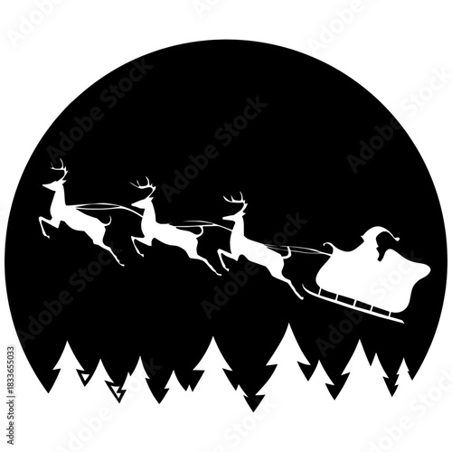 Black silhouette of Santa Claus flying his reindeer-drawn sleigh across a dark moonlit sky above a pine forest.