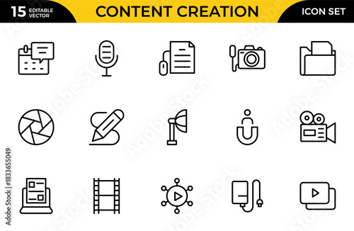 Content creation line icon set. Group of object. Innovation, creativity, ideas, Vlogging, Photos, Videos, Sharing, Follower. Thin outline icons pack. Vector illustration