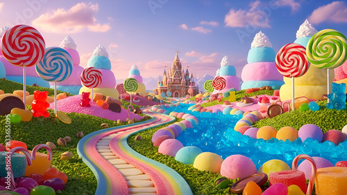 Vibrant Candyland landscape featuring a rainbow-colored path winding toward a whimsical castle made entirely of sweets.