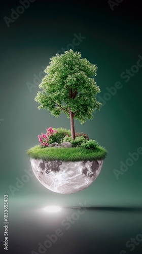 A surreal image featuring a tree, grass, and flowers growing on a half-moon, with a studio background.