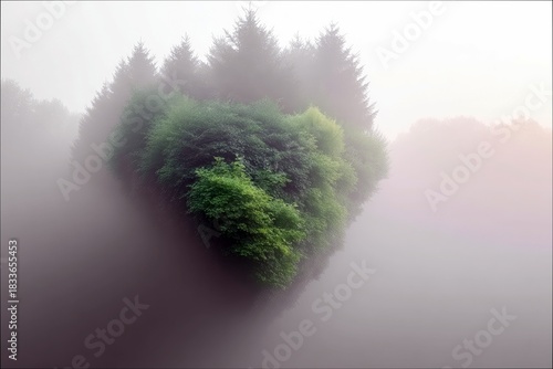 A cluster of trees emerges from a thick fog in a forest setting. The scene is enveloped in a soft, misty atmosphere.