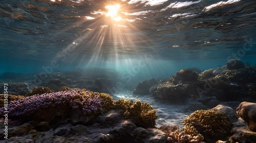 Fototapeta Naklejka Na Ścianę i Meble -  Spectacular sun rays pierce the clear turquoise ocean water illuminating a vibrant and healthy coral reef ecosystem with colorful formations