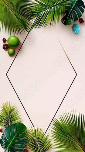 A vibrant composition featuring tropical leaves, fruits, and a geometric frame on a pink background, creating a fresh and modern design.
