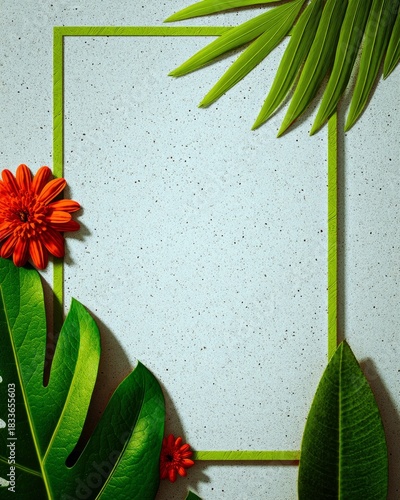 A vibrant composition featuring tropical leaves, red flowers, and a green frame against a textured, light-colored backdrop. The image evokes a sense of freshnes