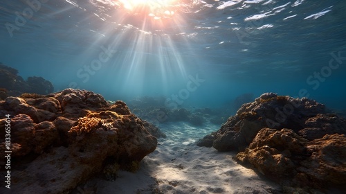 Fototapeta Naklejka Na Ścianę i Meble -  Underwater sunbeams illuminate a vibrant coral reef and sandy seabed