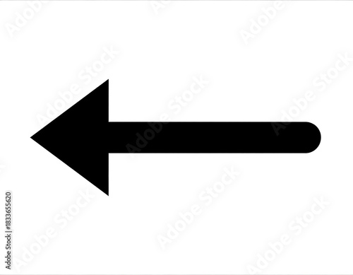 Black arrow pointing left against a white background. The arrow's design is simple and geometric, with a triangular head