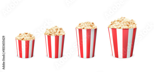 A set of paper cups filled with popcorn, various sizes, with red stripes.