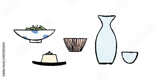 手描き風・酒とおつまみのシンプルモノクロイラスト