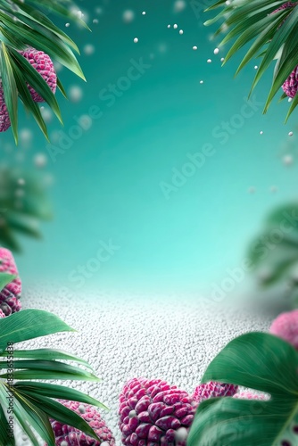 A vibrant composition featuring tropical plants and flowers against a textured white and teal background, creating a bright and airy atmosphere.