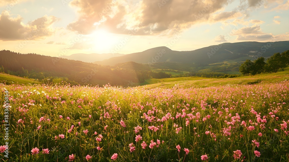 Fototapeta premium Peaceful nature scene filled with pink flowers high resolution picture