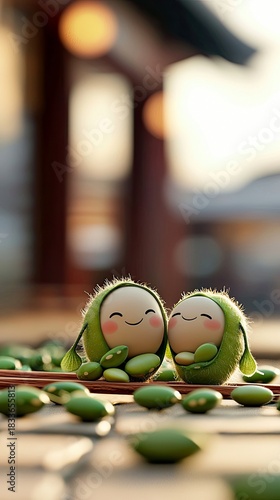 Two adorable cartoon characters, possibly beans, are smiling and embracing each other outdoors. The image has a soft, warm light.