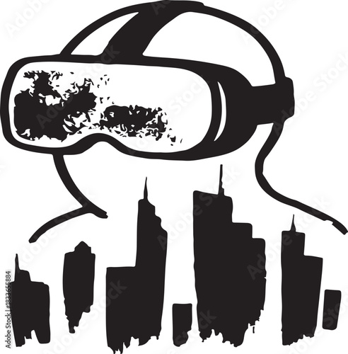 Vector illustration of a person experiencing virtual reality with a city skyline emerging from their form