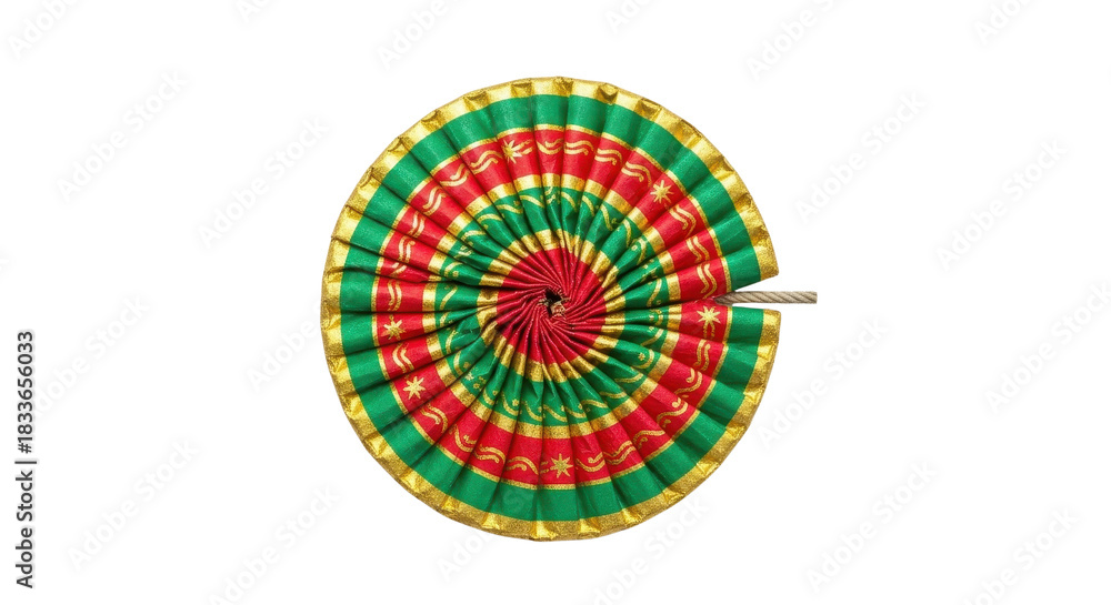 Fototapeta premium Traditional Indian Bharatnatyam dance fan, pleated silk fabric accessory in green and red, ethnic costume element for classical dance performance