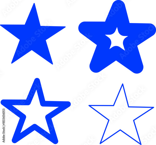 Collection of blue star icons in solid and outlined styles. Simple vector symbols ideal for ratings, badges, decoration, UI design, celebrations, and graphic projects.
