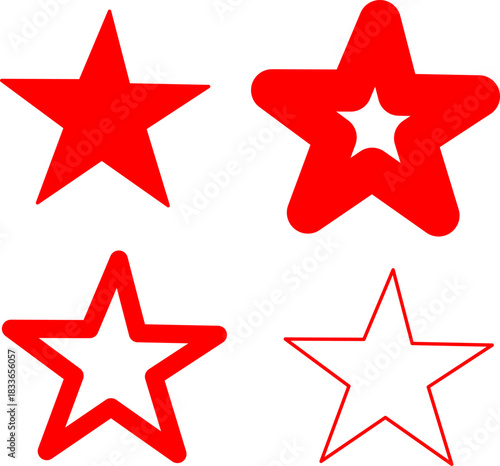 Collection of red star icons in solid and outlined styles. Simple vector symbols ideal for ratings, badges, decoration, UI design, celebrations, and graphic projects.
