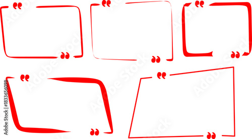 Set of red quote text frames in various shapes and styles. Minimal vector design for speech bubbles, captions, highlight quotes, social media posts, banners, and layouts.

