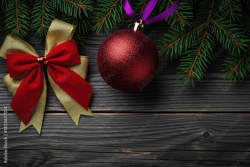 Fototapeta premium A deep burgundy red glitter Christmas ornament ball with purple satin ribbon hanger