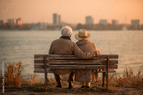 Elderly couple sits on a bench, embracing, watching the sunset over the water and a city skyline.
Symbolism: Represents Enduring Love, Longevity in Relationships, Peaceful Reflection, and the Beauty 