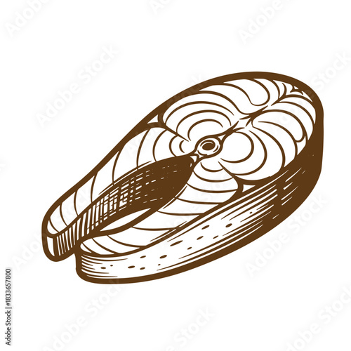 A stylized brown sketch vintage illustration of a freshly cut salmon steak on white