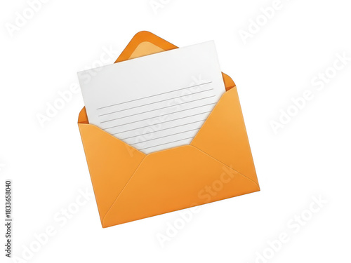 Orange open envelope with a blank lined white paper note coming out, isolated on transparent background