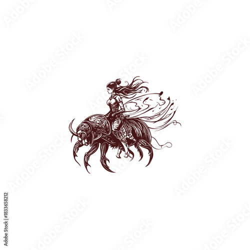 Dark and intricate monochrome illustration of a fierce Amazonian or warrior woman riding a giant insect or beetle