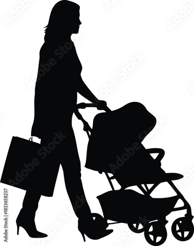 Woman Pushing Baby Stroller Silhouette While Shopping