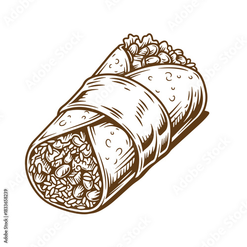 Artistic sketch illustration of a delicious burrito ready for mexican cuisine or restaurant menus
