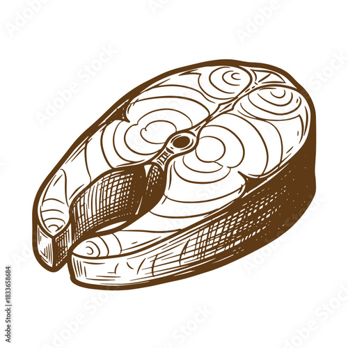 Artistic sketch vintage illustration of a brown fish steak ready for cooking and consumption.