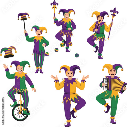 Mardi Gras Jester Entertainer Set Vector