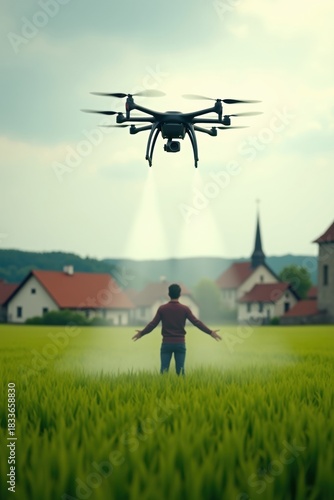 Farmer spraying field with drone in rural landscape with village