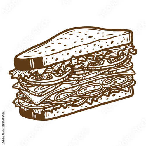 Delicious hand drawn vintage sketch illustration of a layered sandwich on a white background.