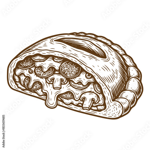 Delicious hand-drawn sketch vintage illustration of a calzone filled with pizza toppings.