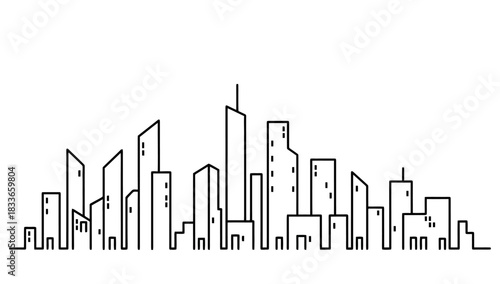 Minimalist black and white geometric cityscape silhouette featuring simple building shapes and clean straight lines on a white background