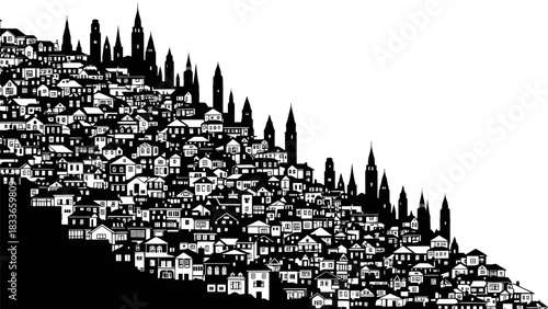 Bold black and white silhouette of a steep hill city with densely packed houses and very tall narrow towers representing urban architecture and landscape