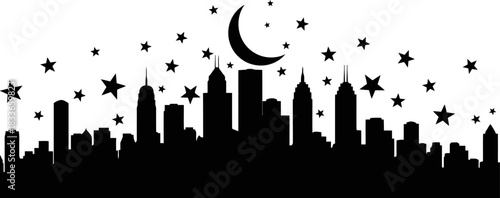 Striking black silhouette of a modern city skyline at night featuring stylized star shapes and a prominent moon outline behind towering skyscrapers against a clean white backdrop