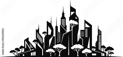 Minimalist eco city skyline silhouette featuring modern buildings with integrated green tree shapes representing sustainable urban development and nature