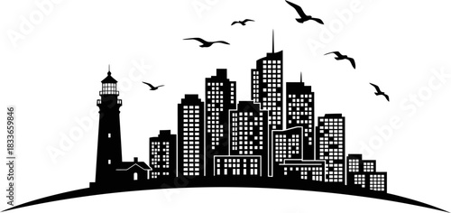 Striking silhouette of a coastal city skyline featuring a prominent lighthouse soaring modern skyscrapers and graceful seagulls in flight against a vibrant backdrop