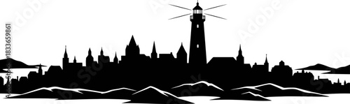 Striking black and white nordic city skyline silhouette featuring a prominent lighthouse and distinctive fjord inspired architectural outlines against a clean background