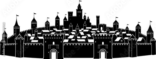 Ancient fortified city silhouette with imposing gates defensive watchtowers and strong fortress outlines representing historical architecture and defense