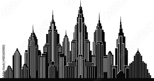 Minimalist art deco city skyline silhouette with geometric towers and stylized edges in black and white