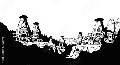 Abstract desert canyon cityscape featuring carved architectural structures seamlessly integrated with natural rocky formations under a vibrant sky