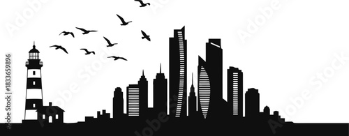 Striking black and white silhouette of a coastal city skyline featuring a prominent lighthouse soaring modern skyscrapers and graceful seagulls in flight perfect for graphic design projects