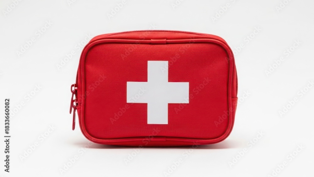 Obraz premium Essential red first aid kit for emergency health and safety. isolated on white background