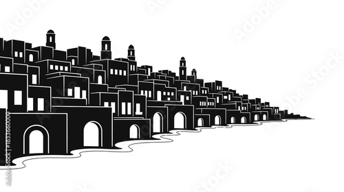 Minimalist black and white silhouette of a mediterranean seaside town featuring flat roofed buildings and arched structures evoking a serene coastal atmosphere