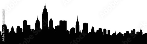 Bold black and white panoramic city skyline silhouette with distinct layers of building depth ideal for graphic design projects