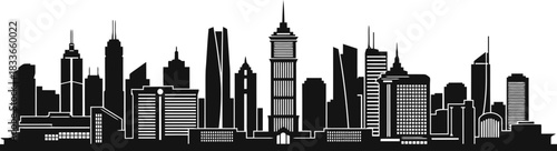 Modern city skyline silhouette featuring diverse business towers contemporary hotels and a prominent central landmark ideal for urban design projects