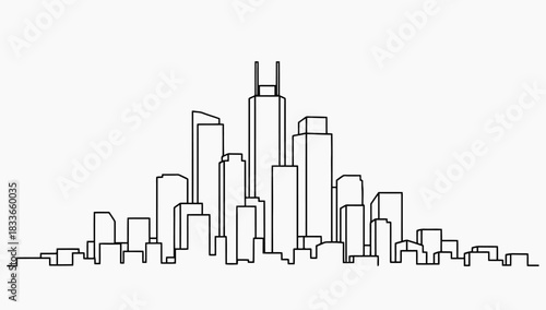 Minimalist downtown city skyline featuring simple rectangular skyscrapers with flat rooftops rendered in a clean modern vector graphic style for architectural or urban design projects