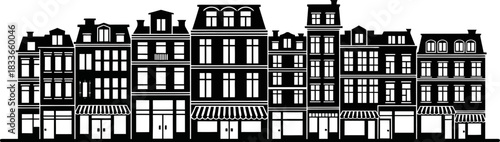 Minimalist black silhouette of a city block featuring repeating building facades storefront designs and distinct rooftop shapes for urban architectural graphics