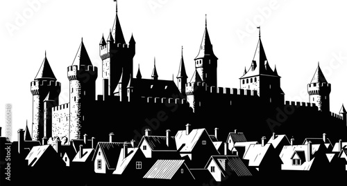 Bold black and white silhouette of an old medieval town with a prominent castle featuring narrow towers and rustic rooftops perfect for historical or fantasy themes
